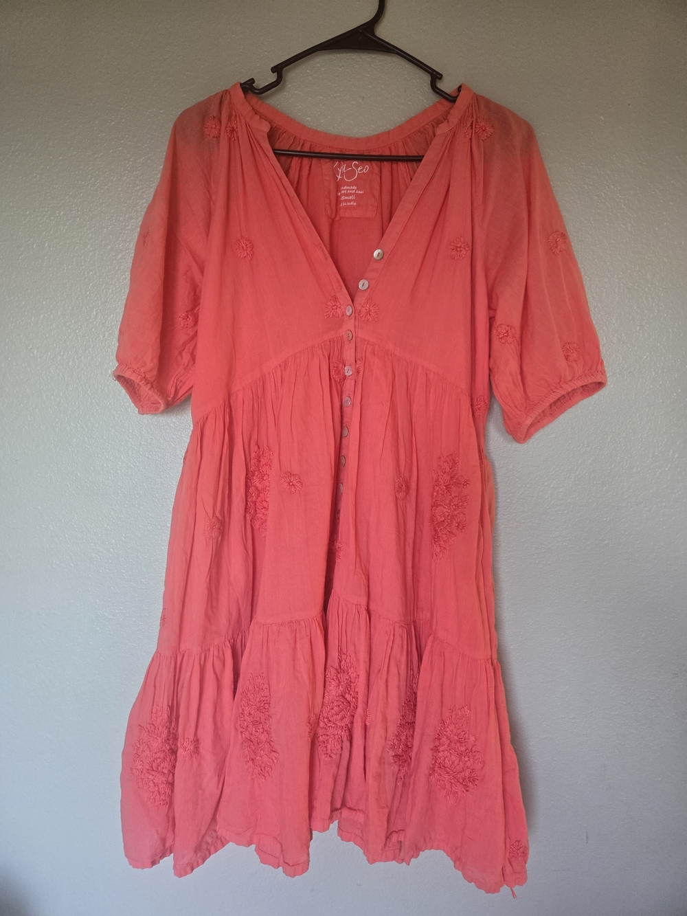 Kyla Seo Dress Coral, Embroidery, Boho, Beach, Pockets, Hippie, XS, Cotton